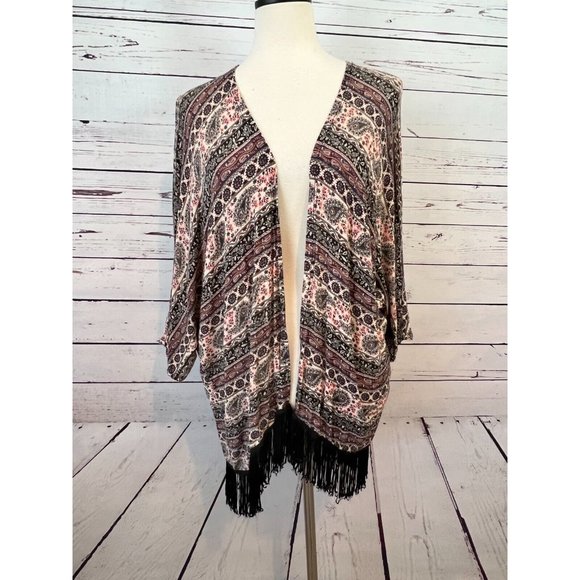 Mauve Open Front Cardigan Lagenlook Fringed Paisley Sweater Shirt Medium ST8232 - Picture 10 of 10